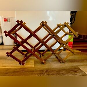 Vintage Wooden Accordion Folding Wine Rack With Decorative Brass Studs